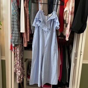 Umgee Light Blue Striped Off-Shoulder Jumpsuit